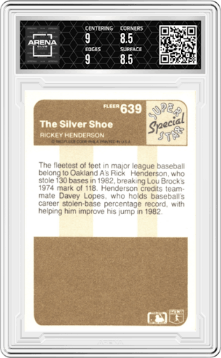 Rickey Henderson from the 1983 Fleer  set graded by Arena Club and given an overall grade of 9.