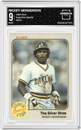 Rickey Henderson from the 1983 Fleer  set graded by Arena Club and given an overall grade of 9.