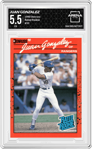 Juan Gonzalez from the 1990 Donruss set graded by Arena Club and given an overall grade of 5.5.