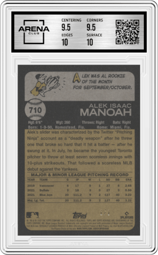Alek Manoah from the 2022 Topps Heritage High Number set featuring a SuperFractor parallel graded by Arena Club and given an overall grade of 10.