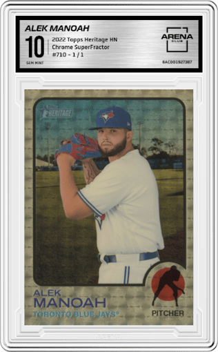 Alek Manoah from the 2022 Topps Heritage High Number set featuring a SuperFractor parallel graded by Arena Club and given an overall grade of 10.
