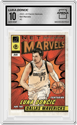 Luka Doncic from the 2021-22 Panini Donruss set graded by Arena Club and given an overall grade of 10.