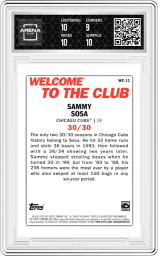Sammy Sosa from the 2023 Topps  set featuring a Gold parallel graded by Arena Club and given an overall grade of 9.5.