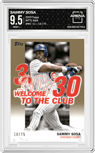 Sammy Sosa from the 2023 Topps  set featuring a Gold parallel graded by Arena Club and given an overall grade of 9.5.