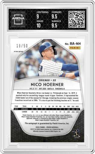 Nico Hoerner from the 2020 Panini Prizm set featuring a Cosmic Haze parallel graded by Arena Club and given an overall grade of 9.5.