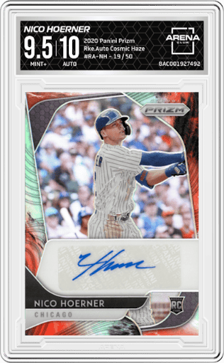 Nico Hoerner from the 2020 Panini Prizm set featuring a Cosmic Haze parallel graded by Arena Club and given an overall grade of 9.5.