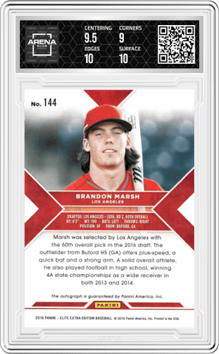 Brandon Marsh from the 2016 Panini Elite Extra Edition set featuring a Aspirations Blue parallel graded by Arena Club and given an overall grade of 9.5.