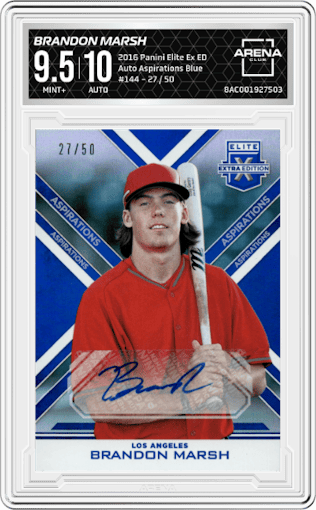 Brandon Marsh from the 2016 Panini Elite Extra Edition set featuring a Aspirations Blue parallel graded by Arena Club and given an overall grade of 9.5.