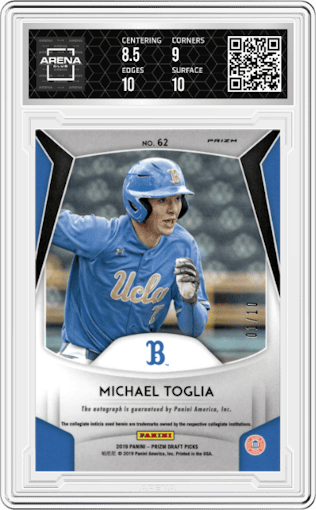 Michael Toglia from the 2019 Panini Prizm Draft Picks set featuring a Gold Prizm parallel graded by Arena Club and given an overall grade of 9.