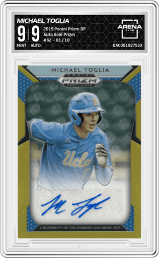 Michael Toglia from the 2019 Panini Prizm Draft Picks set featuring a Gold Prizm parallel graded by Arena Club and given an overall grade of 9.