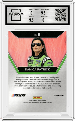 Danica Patrick from the 2022 Panini Prizm NASCAR set featuring a Blue and Carolina Blue Hyper parallel graded by Arena Club and given an overall grade of 10.
