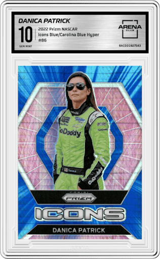 Danica Patrick from the 2022 Panini Prizm NASCAR set featuring a Blue and Carolina Blue Hyper parallel graded by Arena Club and given an overall grade of 10.
