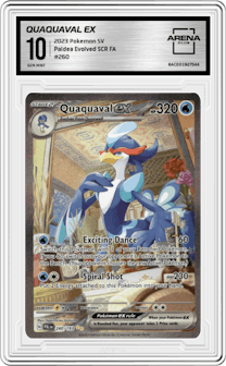 Quaquaval EX from the 2023 Pokemon SV set graded by Arena Club and given an overall grade of 10.