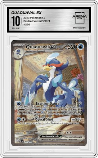 Quaquaval EX from the 2023 Pokemon SV set graded by Arena Club and given an overall grade of 10.