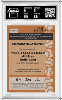 Jose Altuve from the 2023 Topps set featuring a Black parallel graded by Arena Club and given an overall grade of 9.