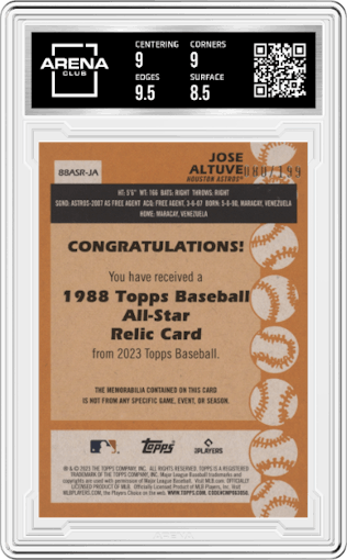 Jose Altuve from the 2023 Topps set featuring a Black parallel graded by Arena Club and given an overall grade of 9.