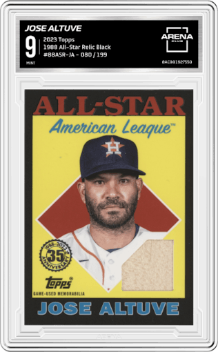 Jose Altuve from the 2023 Topps set featuring a Black parallel graded by Arena Club and given an overall grade of 9.
