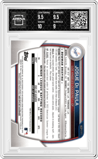 Josue De Paula from the 2023 Bowman  set graded by Arena Club and given an overall grade of 9.5.