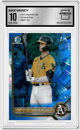 Max Muncy from the 2022 Bowman Sapphire Edition set graded by Arena Club and given an overall grade of 10.