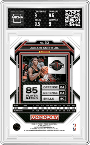 Jabari Smith Jr. from the 2022-23 Panini Prizm Monopoly set graded by Arena Club and given an overall grade of 9.5.