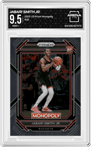 Jabari Smith Jr. from the 2022-23 Panini Prizm Monopoly set graded by Arena Club and given an overall grade of 9.5.