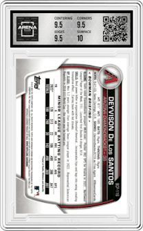 Deyvison De Los Santos from the 2023 Bowman Mega Box set graded by Arena Club and given an overall grade of 10.