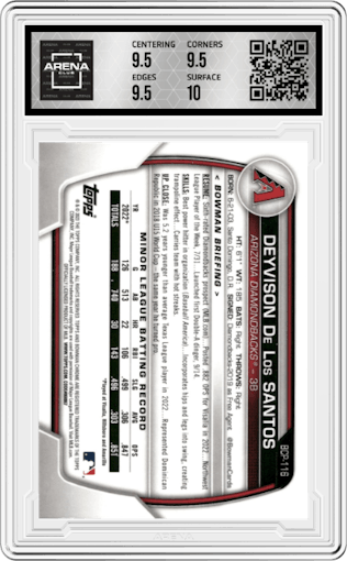 Deyvison De Los Santos from the 2023 Bowman Mega Box set graded by Arena Club and given an overall grade of 10.