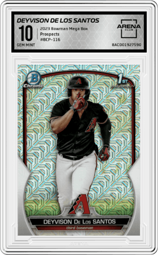 Deyvison De Los Santos from the 2023 Bowman Mega Box set graded by Arena Club and given an overall grade of 10.