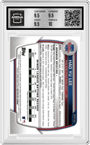 Hao Yu Lee from the 2023 Bowman Mega Box set graded by Arena Club and given an overall grade of 10.