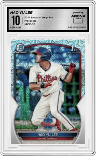 Hao Yu Lee from the 2023 Bowman Mega Box set graded by Arena Club and given an overall grade of 10.