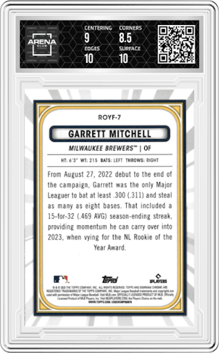 Garrett Mitchell from the 2023 Bowman Mega Box set graded by Arena Club and given an overall grade of 9.