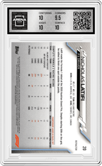 Nicholas Latifi from the 2020 Topps Chrome F1  set featuring a Refractor parallel graded by Arena Club and given an overall grade of 10.