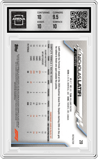Nicholas Latifi from the 2020 Topps Chrome F1  set featuring a Refractor parallel graded by Arena Club and given an overall grade of 10.