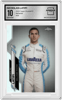 Nicholas Latifi from the 2020 Topps Chrome F1  set featuring a Refractor parallel graded by Arena Club and given an overall grade of 10.