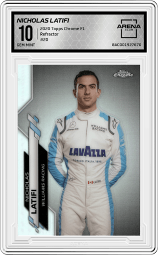 Nicholas Latifi from the 2020 Topps Chrome F1  set featuring a Refractor parallel graded by Arena Club and given an overall grade of 10.