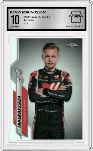 Kevin Magnussen from the 2020 Topps Chrome F1  set featuring a Refractor parallel graded by Arena Club and given an overall grade of 10.