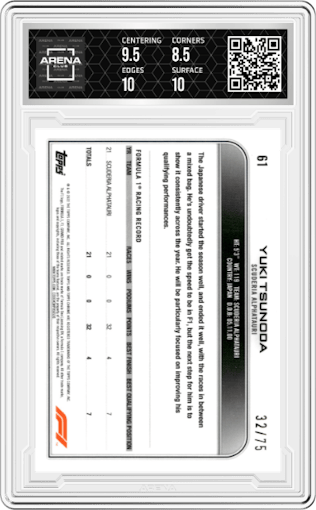 Yuki Tsunoda from the 2022 Topps Chrome F1 Sapphire Edition  set featuring a Green parallel graded by Arena Club and given an overall grade of 9.