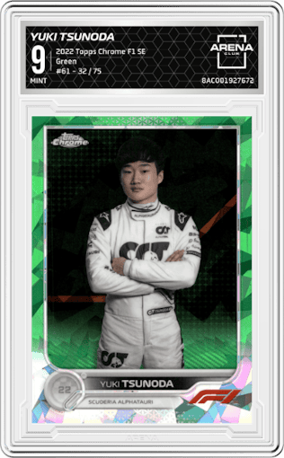 Yuki Tsunoda from the 2022 Topps Chrome F1 Sapphire Edition  set featuring a Green parallel graded by Arena Club and given an overall grade of 9.