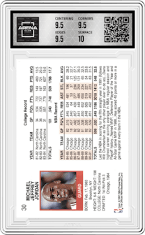 Michael Jordan from the 1991-92 NBA Hoops set graded by Arena Club and given an overall grade of 10.