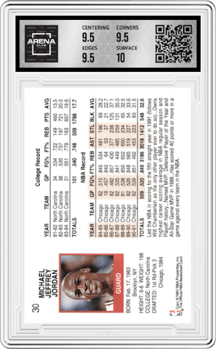 Michael Jordan from the 1991-92 NBA Hoops set graded by Arena Club and given an overall grade of 10.
