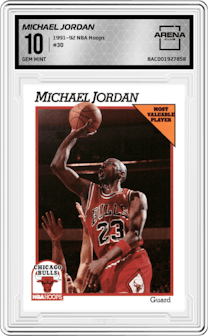 Michael Jordan from the 1991-92 NBA Hoops set graded by Arena Club and given an overall grade of 10.