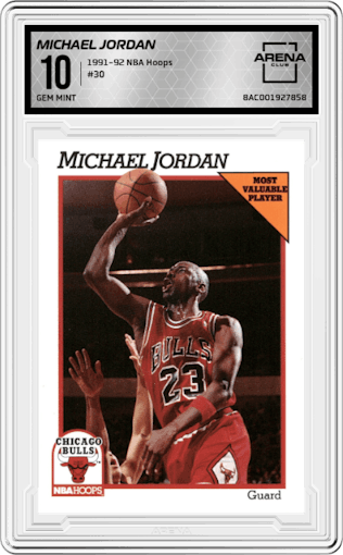 Michael Jordan from the 1991-92 NBA Hoops set graded by Arena Club and given an overall grade of 10.