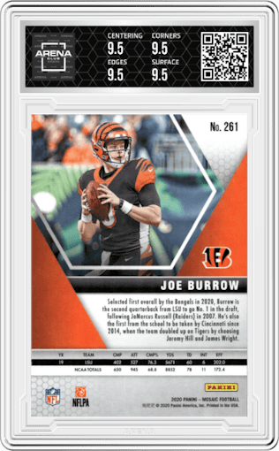 Joe Burrow from the 2020 Panini Mosaic set graded by Arena Club and given an overall grade of 9.5.