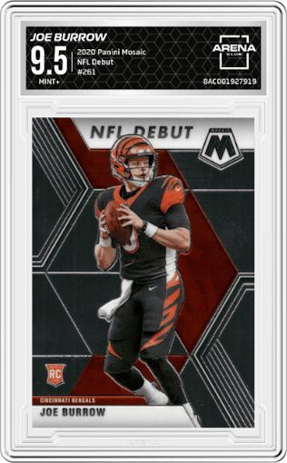 Joe Burrow from the 2020 Panini Mosaic set graded by Arena Club and given an overall grade of 9.5.
