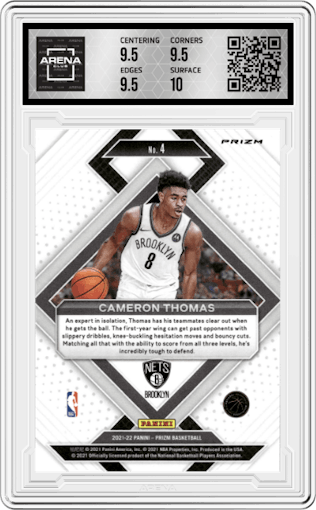 Cameron Thomas from the 2021-22 Panini Prizm  set featuring a Silver Prizm parallel graded by Arena Club and given an overall grade of 10.