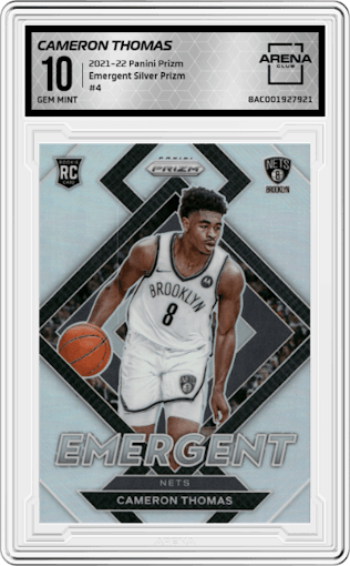 Cameron Thomas from the 2021-22 Panini Prizm  set featuring a Silver Prizm parallel graded by Arena Club and given an overall grade of 10.