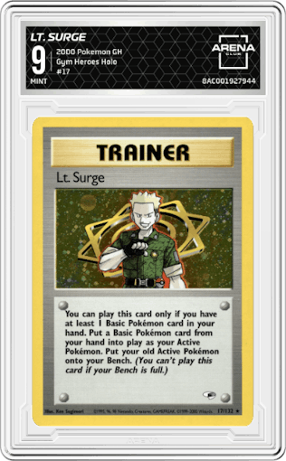 Lt. Surge from the 2000 Pokemon GH set graded by Arena Club and given an overall grade of 9.