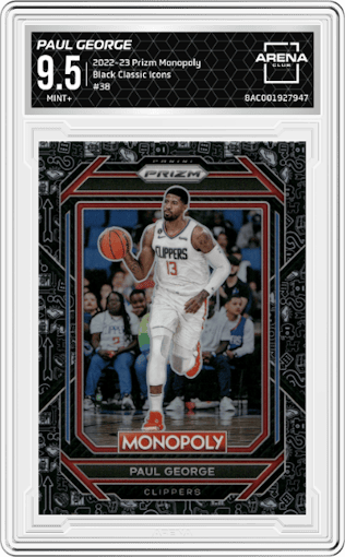 Paul George from the 2022-23 Panini Prizm Monopoly set featuring a Black Classic Icons parallel graded by Arena Club and given an overall grade of 9.5.