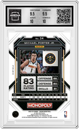 Michael Porter Jr. from the 2022-23 Panini Prizm Monopoly set featuring a Black Classic Icons parallel graded by Arena Club and given an overall grade of 10.