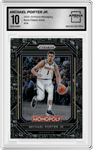 Michael Porter Jr. from the 2022-23 Panini Prizm Monopoly set featuring a Black Classic Icons parallel graded by Arena Club and given an overall grade of 10.